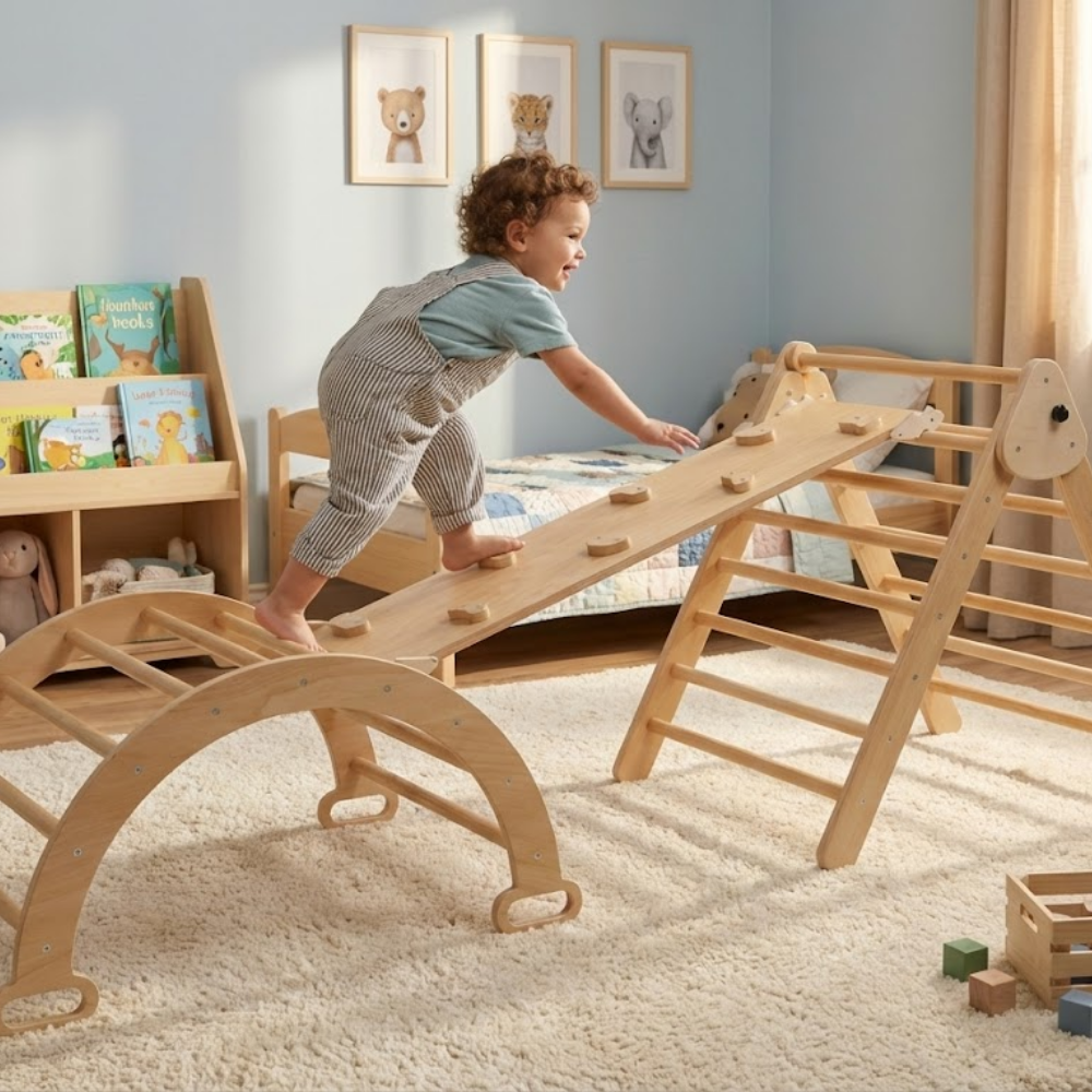 Child playing on a wooden climbing toy in a room with books and toys.