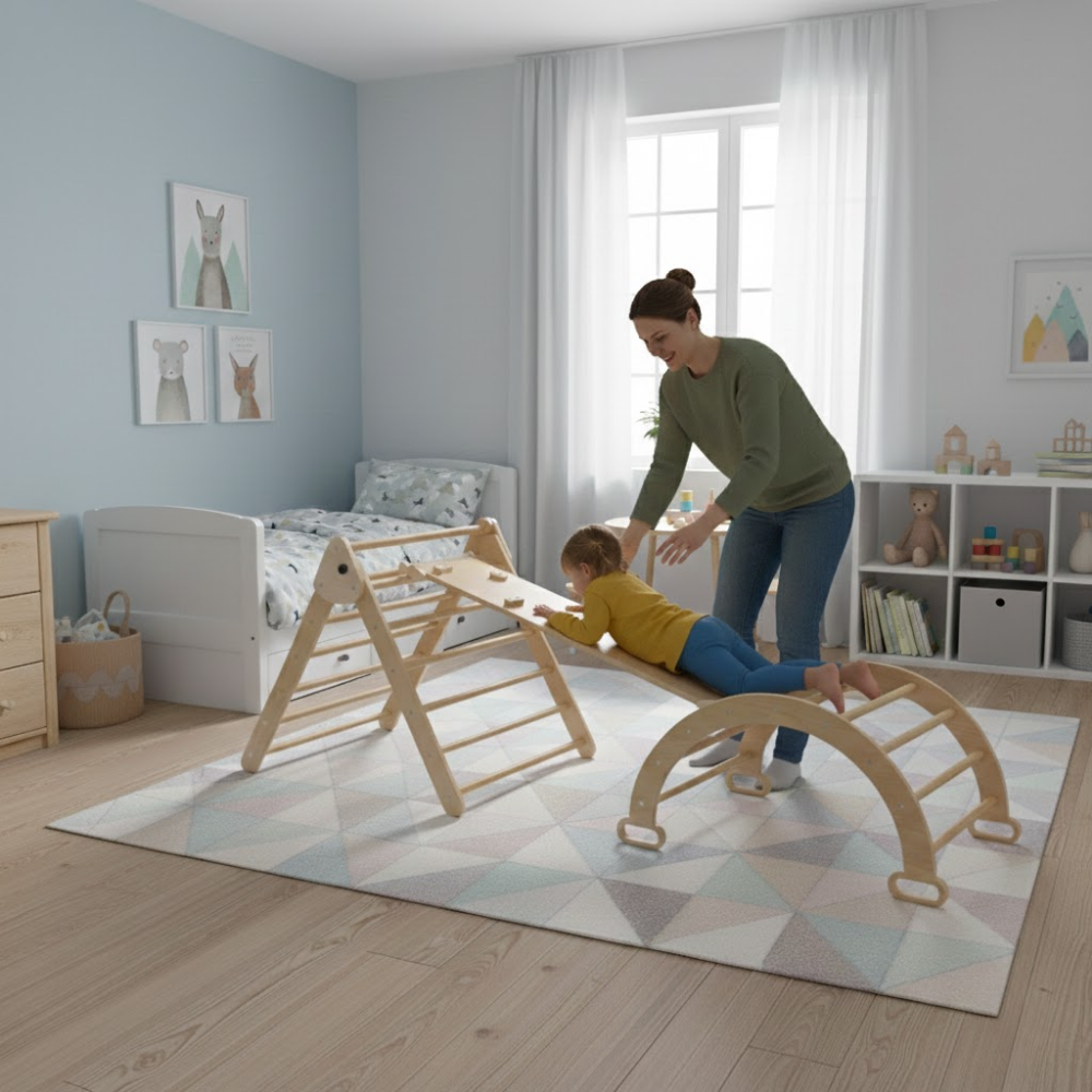 Woman and child playing with wooden climbing toys in a bedroom