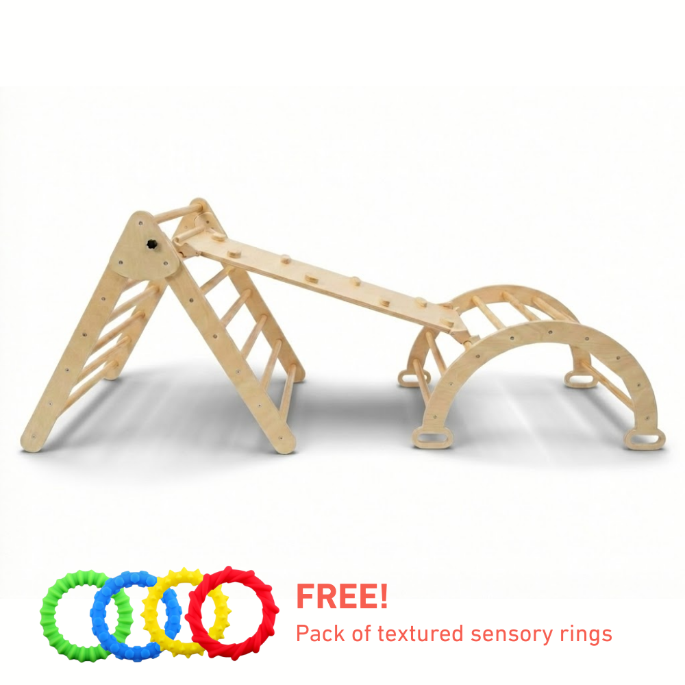 Wooden climbing frame with free textured sensory rings offer on a white background
