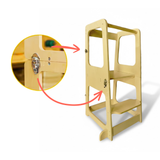 Wooden step stool with a close-up of a green screw on a white background