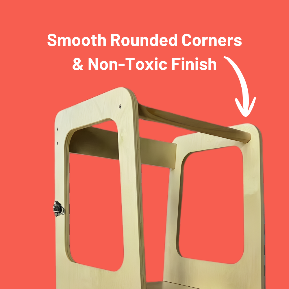 Wooden product with rounded corners on a red background, featuring text about smooth rounded corners and non-toxic finish.