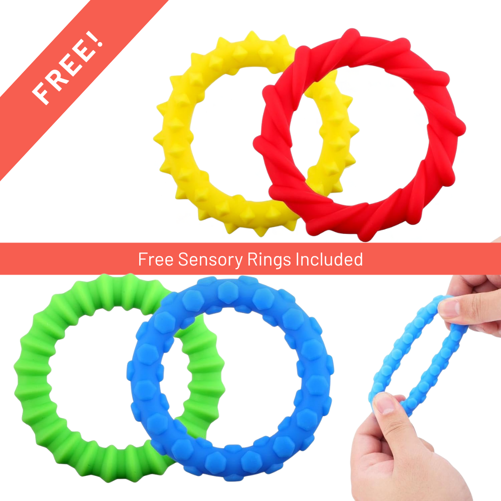 Colorful sensory rings with a hand holding one, on a white background with promotional text.