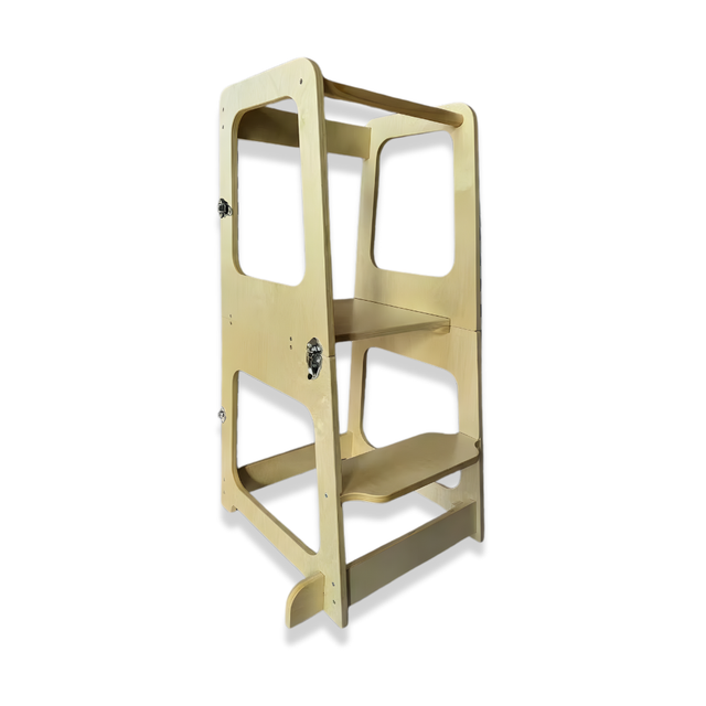 Wooden step stool with two shelves on a white background