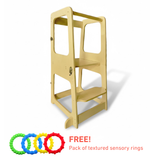 Beige step stool with free textured sensory rings offer on a white background