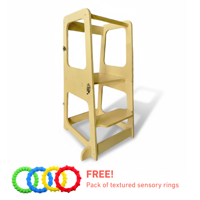 Beige step stool with free textured sensory rings offer on a white background
