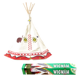 Cream-coloured wigwam teepee with desert-themed designs and wooden poles at the top, shown alongside its packaging that reads 'Wigwam