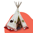 Young girl peeking out of a cream-coloured wigwam teepee decorated with desert prints, including suns, rabbits, and red zigzag patterns