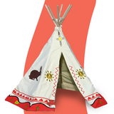 Desert-themed cream-coloured wigwam teepee with a red base, featuring sun and rabbit designs, placed against a red background