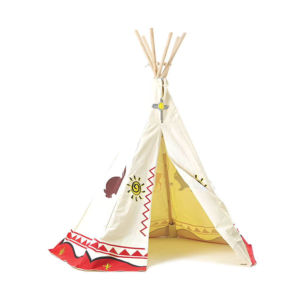 Cream-coloured children's wigwam teepee with red, yellow, and black desert-themed designs, including suns, a rabbit, and zigzag patterns, standing upright