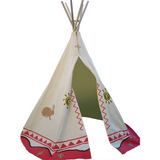 Cream wigwam teepee with desert-themed designs, featuring a partially opened entrance, standing on its own with visible zigzag and sun patterns