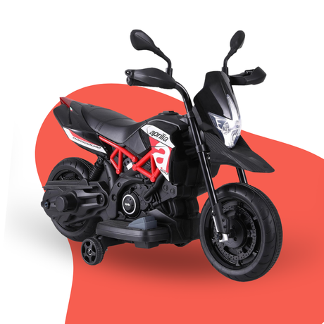 Black and red toy motorcycle on a white background with a red circle