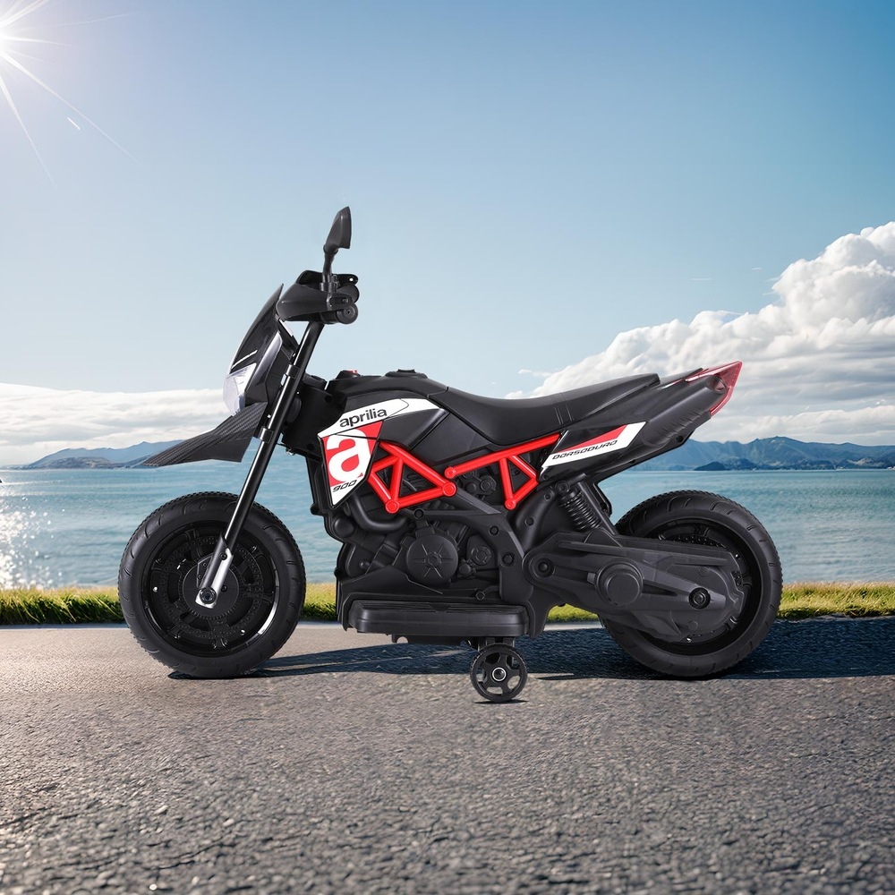 Children's toy motorcycle on a road with a scenic background of water and mountains.