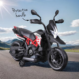 Children's toy motorcycle with protective handle on a road with mountains in the background