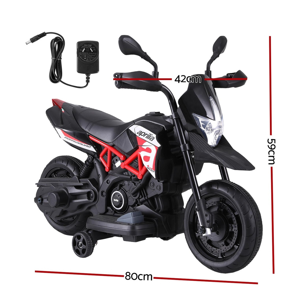 Children's toy motorcycle with dimensions indicated on a white background