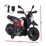 Children's toy motorcycle with dimensions indicated on a white background