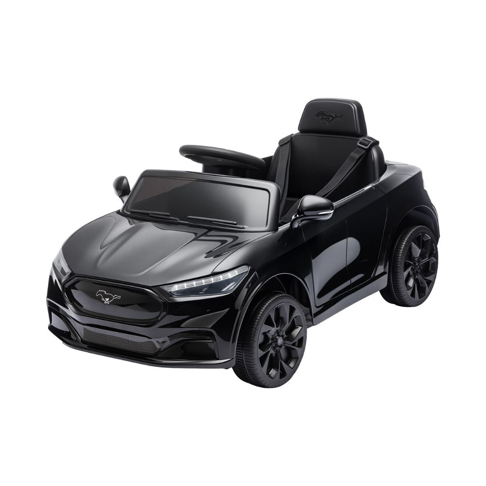 A black Ford Mustang-themed kids' ride-on toy car with a single bucket seat, convertible top, and black wheels, shown on a solid white background.