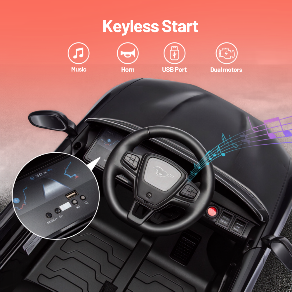 Black kids' electric ride-on car with a steering wheel, digital dashboard display, USB port, and keyless start feature highlighted with icons and music note graphics.