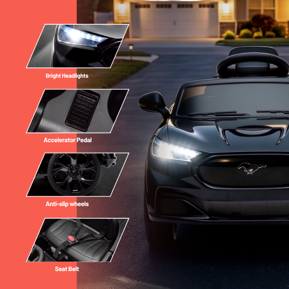 A black Ford Mustang-style children's ride-on car shown on a driveway at dusk, with inset feature callouts for bright headlights, accelerator pedal, anti-slip wheels, and seat belt. The left side has a coral-red vertical panel with white text labels.