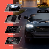 A black Ford Mustang-style children's ride-on car shown on a driveway at dusk, with inset feature callouts for bright headlights, accelerator pedal, anti-slip wheels, and seat belt. The left side has a coral-red vertical panel with white text labels.
