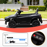 Black convertible toy car shown outdoors on a driveway with a house and lawn in the background, plus inset graphics showing a speed graph and a close-up of the control panel.