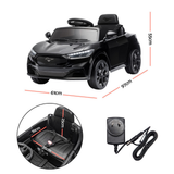 Black convertible kids' ride-on car shown on a white background with red dimension lines indicating overall measurements (61 cm wide, 97 cm long, 55 cm high) and a circular inset showing the seat dimensions. A power adapter and cord are also shown at the lower right.