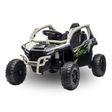 A Kawasaki kids' four-wheel electric ride-on ATV in black, white, and neon green, shown from a three-quarters front angle on a white background.