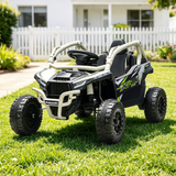 Children's toy off-road vehicle on grass with a house in the background