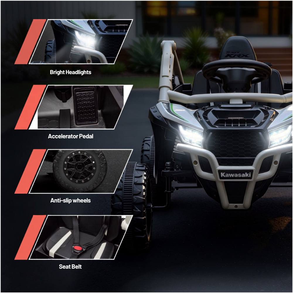Black Kawasaki-style four-wheel ride-on vehicle with a white front grille and bright headlights, shown outdoors on a driveway. Four inset callouts highlight features: bright headlights, accelerator pedal, anti-slip wheels, and seat belt.