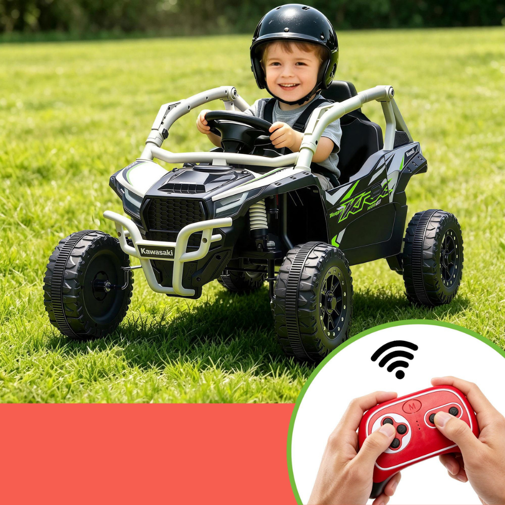 A child wearing a black helmet drives a black and gray Kawasaki ride-on ATV on a green grass lawn. The image includes a circular inset showing hands holding a red wireless remote control with a white icon overlay.