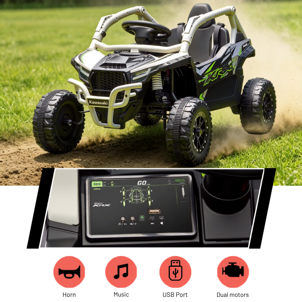 A black and gray kids' ride-on toy truck with green accents is shown driving on grass and dirt, with an inset close-up of its digital dashboard and feature icons for horn, music, USB port, and dual motors.