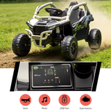 A black and gray kids' ride-on toy truck with green accents is shown driving on grass and dirt, with an inset close-up of its digital dashboard and feature icons for horn, music, USB port, and dual motors.