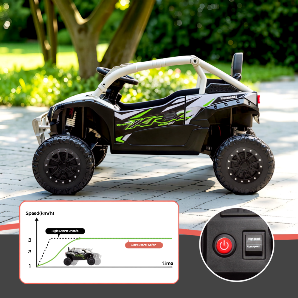 A black and white toy UTV quad bike with green graphics, shown outdoors on a paved path with trees in the background. The image includes a feature callout graphic showing speed settings and a close-up inset of a red power button and switch.