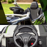 A split view of a Kawasaki X-Road X-4 RCP off-road vehicle, showing the exterior front seat and steering wheel from the driver's perspective, with a grassy outdoor background.