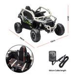 Black and gray toy UTV with white roll cage and green graphics, shown with dimension labels (99cm x 63cm x 56cm), a seat inset showing harness measurements, and a power adapter with 180cm cable length on a white background.