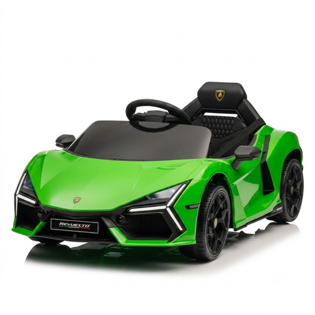 A bright green Lamborghini-style children's ride-on toy car with black interior, black wheels, and a small Lamborghini logo on the front grille, photographed on a clean white studio background.