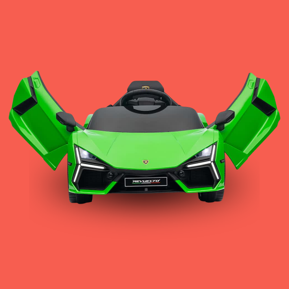 A bright green Lamborghini-style children's ride-on car with open butterfly doors, shown from the front on a solid coral-red background.