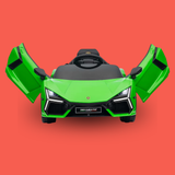 A bright green Lamborghini-style children's ride-on car with open butterfly doors, shown from the front on a solid coral-red background.