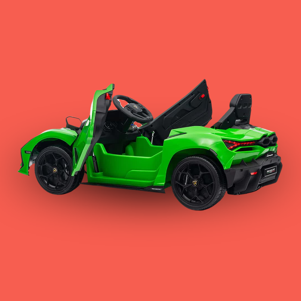 A bright green Lamborghini-style children's ride-on car with black wheels, black interior, and open butterfly doors, shown on a solid coral-red background.
