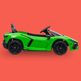 A bright green children's electric ride-on car styled like a sports car, shown from a side profile view against a solid coral-red background.