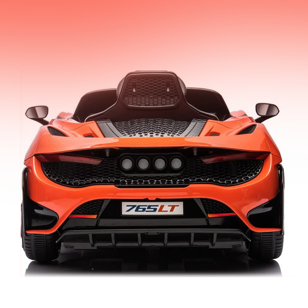 Rear view of an orange and black toy sports car with '765LT' on the front plate, set against a pink gradient background.