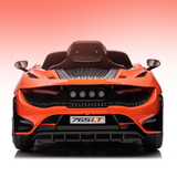 Rear view of an orange and black toy sports car with '765LT' on the front plate, set against a pink gradient background.