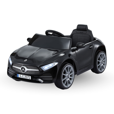 Black toy car with Mercedes-Benz logo on a white background