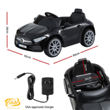 Black toy car with dimensions and SAA-approved charger on a white background