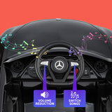 Car steering wheel with music notes and controls on a red background