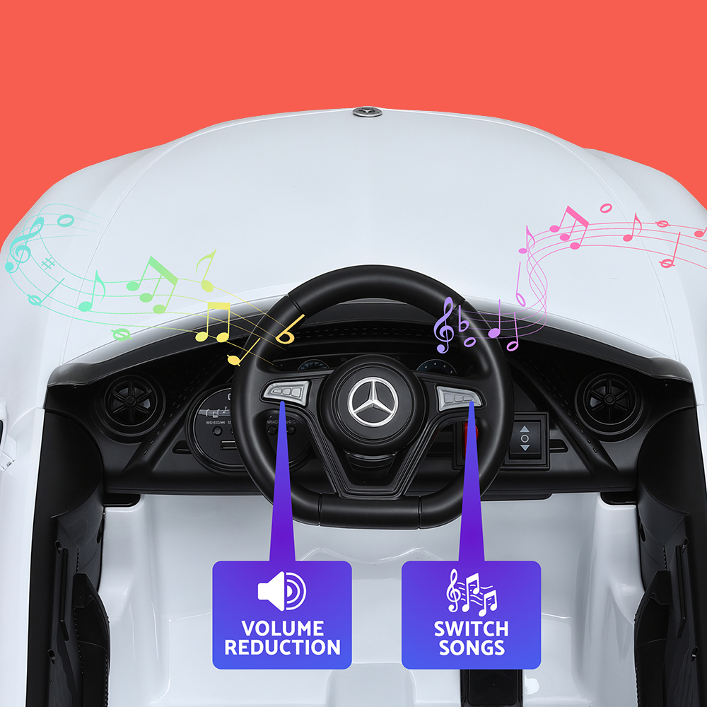 Car dashboard with steering wheel and controls for volume reduction and song switching, on a red background.