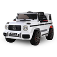 A white Mercedes-Benz AMG kids' ride-on toy car styled like a G-Class SUV, featuring black seats, black wheels, and red accents on the wheel rims, shown against a plain white background.