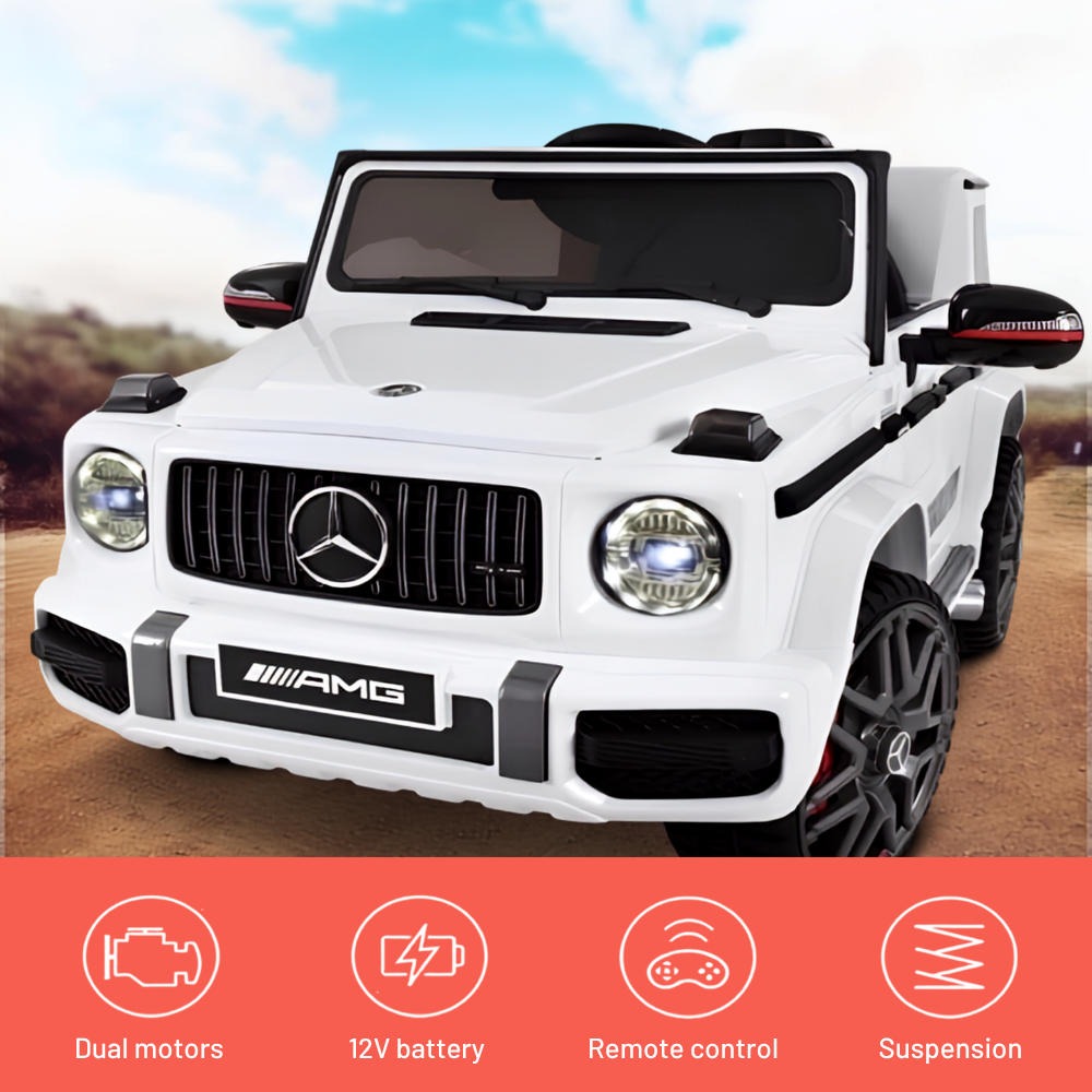 White Mercedes-Benz AMG style children's ride-on car with black trim, shown from the front three-quarter angle. The image includes a red informational strip at the bottom with icons for dual motors, 12V battery, remote control, and suspension.
