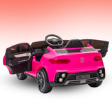 A pink and black Mercedes-Benz ELC Carous toy ride-on SUV with open doors, shown on a white background with a pink gradient sky.