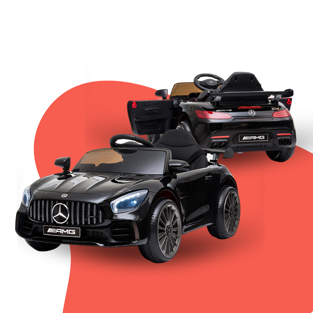 Black toy car with Mercedes-Benz logo on a white and orange background