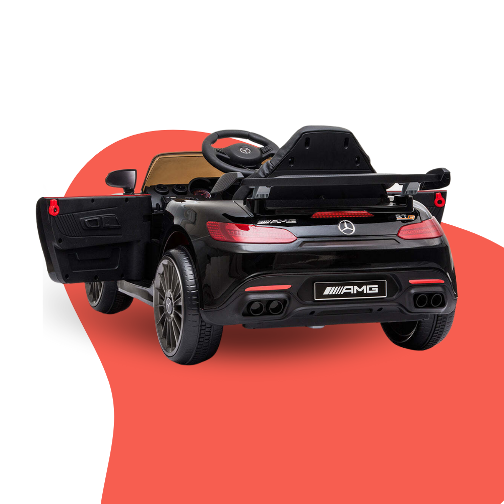 Black toy car with Mercedes-Benz AMG logo on a white background